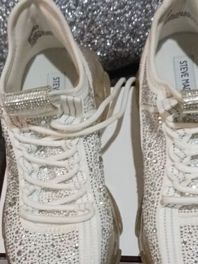 Steve Madden Crystal-Embellished White Knit Sneakers